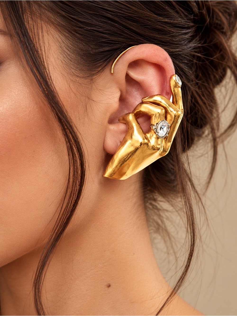 Gold Hand-Shaped Statement Ear cuff with Clear Crystal Accent